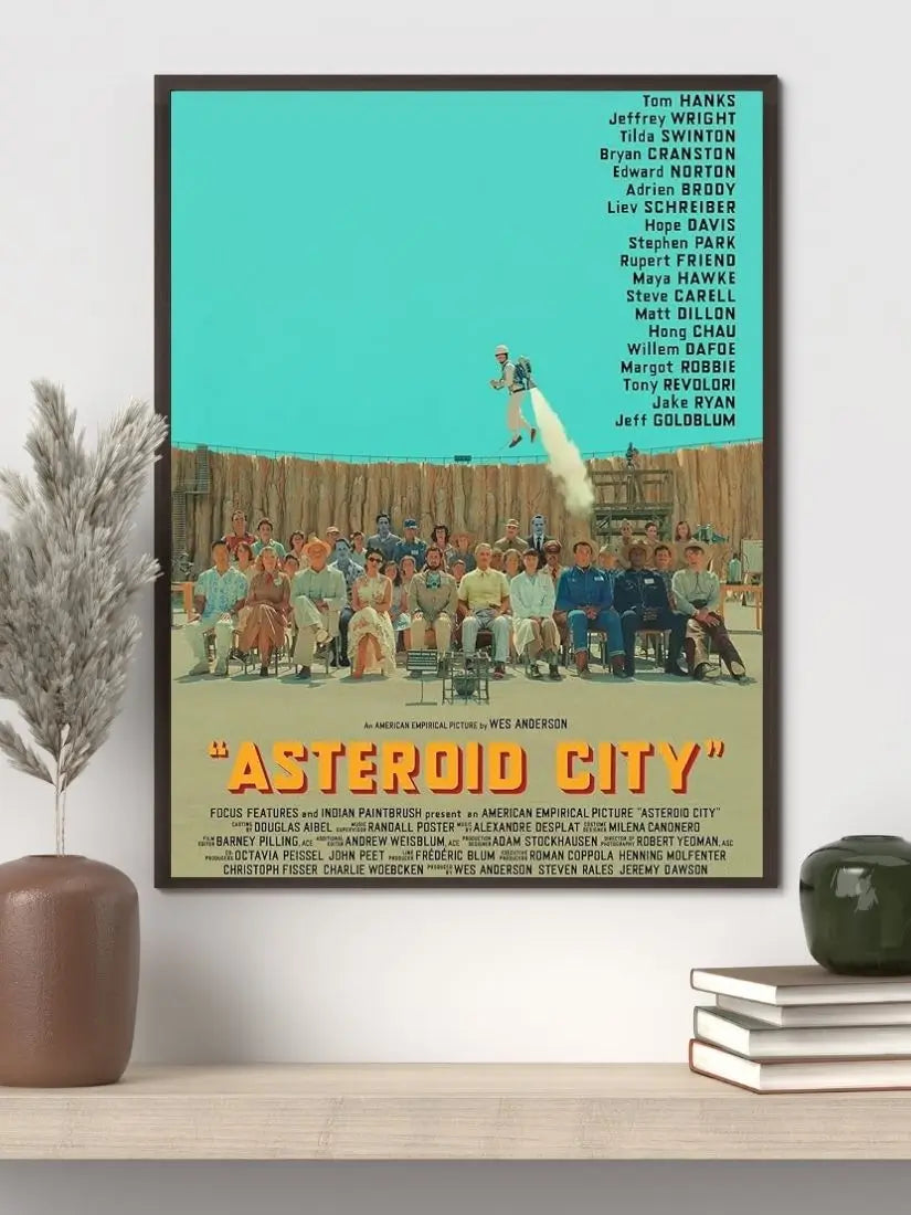 Asteroid City 2023 movie poster featuring the stylised 1955 desert town, observatory, and Junior Stargazers with Wes Anderson’s trademark symmetrical composition and pastel colour palette.