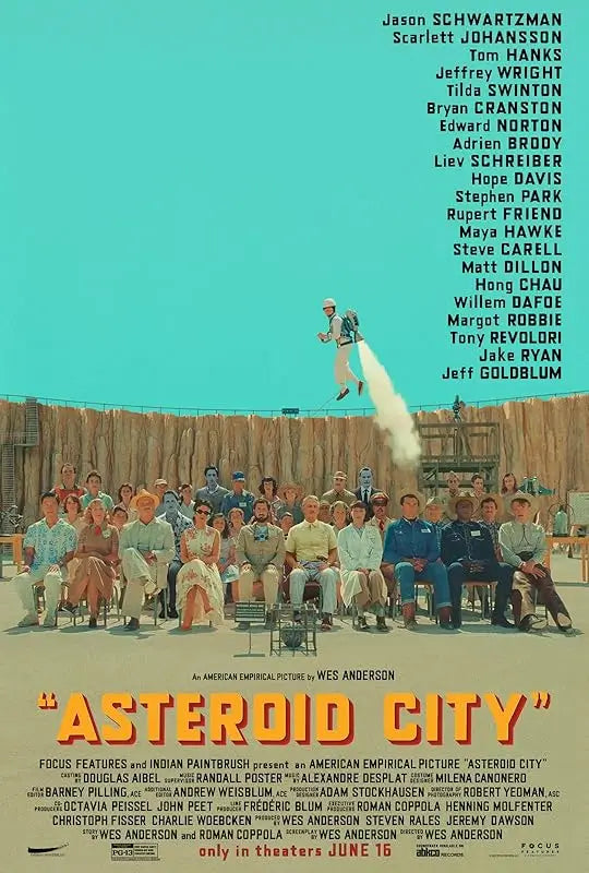 Asteroid City 2023 movie poster featuring the stylised 1955 desert town, observatory, and Junior Stargazers with Wes Anderson’s trademark symmetrical composition and pastel colour palette.