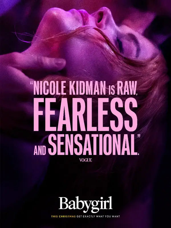 Babygirl 2024 movie poster showing Nicole Kidman as Romy and Harris Dickinson as Samuel in an intimate, neon‑tinted corporate setting that hints at their dangerous forbidden affair.