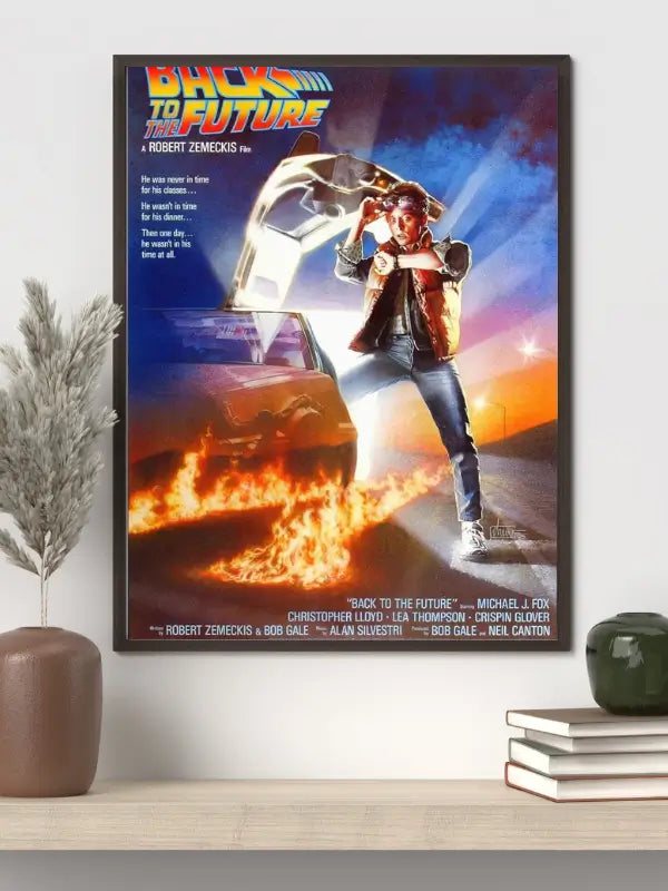 Back to the Future 1985 movie poster featuring Marty McFly, Doc Brown, and the DeLorean time machine in the classic sci-fi adventure film