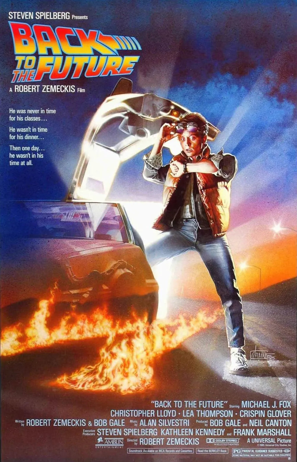 Back to the Future 1985 movie poster featuring Marty McFly, Doc Brown, and the DeLorean time machine in the classic sci-fi adventure film