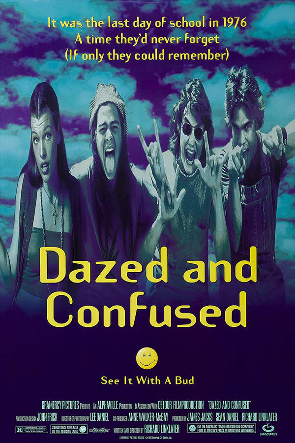 Dazed and Confused 1993 movie poster featuring the 1970s Texas high school cast from Richard Linklater’s cult coming-of-age comedy