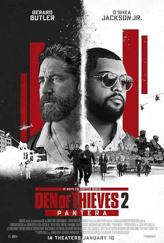 Den of Thieves 2: Pantera 2025 movie poster showing Big Nick and Donnie against a backdrop of European city lights, armored vehicles, and diamond‑heist imagery, highlighting the high‑stakes crime thriller tone.​