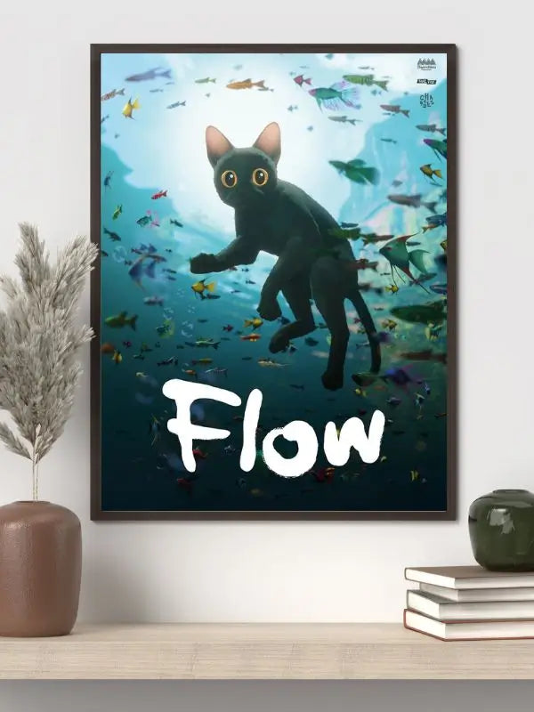Flow poster, 2024 animated film poster, dialogue-free animation, cat and animals on a boat, post-flood adventure, Gints Zilbalodis film, environmental fantasy, arthouse animated movie, Animation, movieoriginal.com, 2024