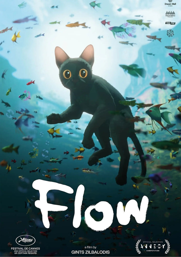 Flow poster, 2024 animated film poster, dialogue-free animation, cat and animals on a boat, post-flood adventure, Gints Zilbalodis film, environmental fantasy, arthouse animated movie, Animation, movieoriginal.com, 2024