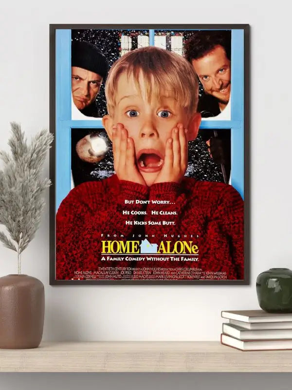 Home Alone 1990 movie poster featuring Kevin McCallister and the Wet Bandits in the classic Christmas family comedy set in suburban Chicago