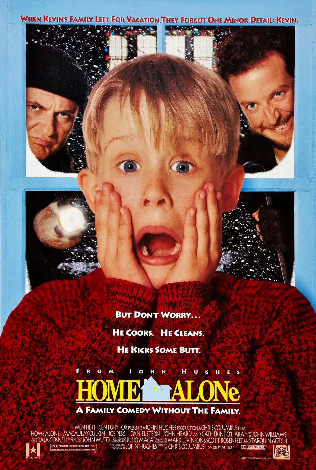 Home Alone 1990 movie poster featuring Kevin McCallister and the Wet Bandits in the classic Christmas family comedy set in suburban Chicago