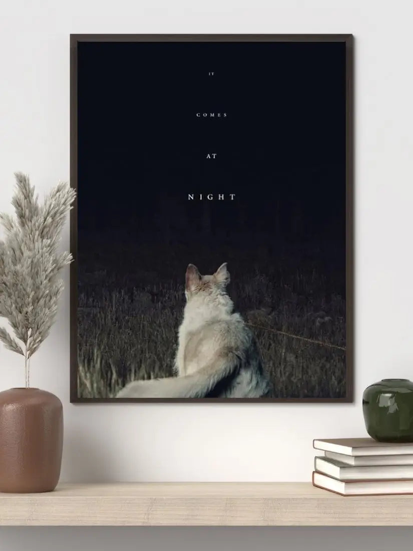 It Comes at Night 2017 movie poster showing a gas‑mask‑wearing figure and a dark red hallway leading to a closed door, evoking isolation, infection, and dread.​​
