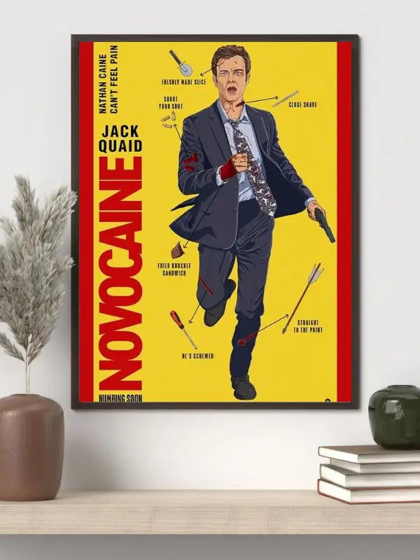 Novocaine 2025 movie poster featuring Jack Quaid as Nate Caine turning his inability to feel pain into a wild action-comedy rescue mission​​