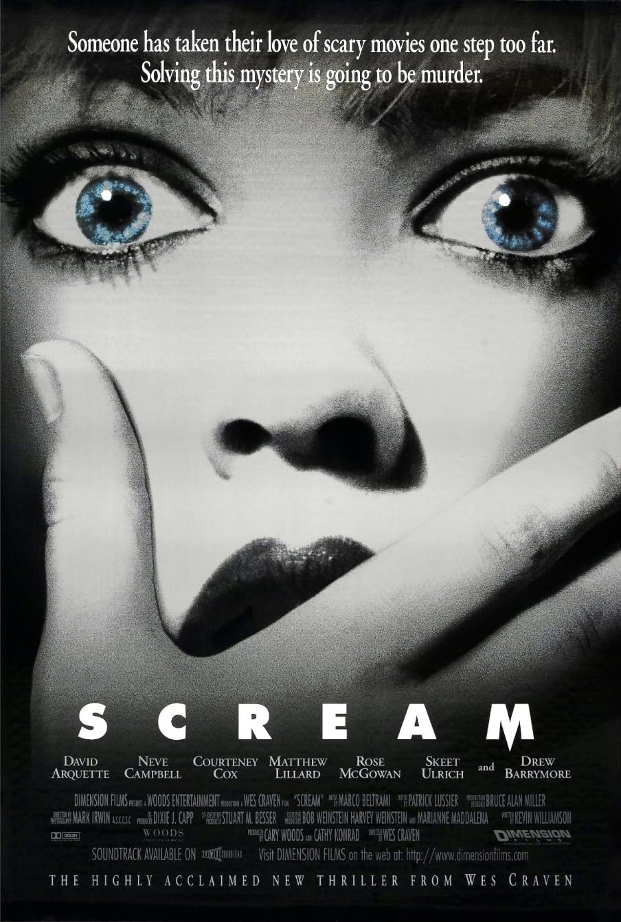 Scream 1996 movie poster featuring Ghostface and the Woodsboro teen cast from Wes Craven’s classic slasher horror film​