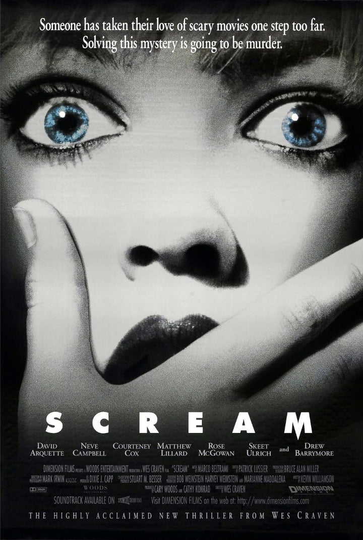 Scream 1996 movie poster featuring Ghostface and the Woodsboro teen cast from Wes Craven’s classic slasher horror film​