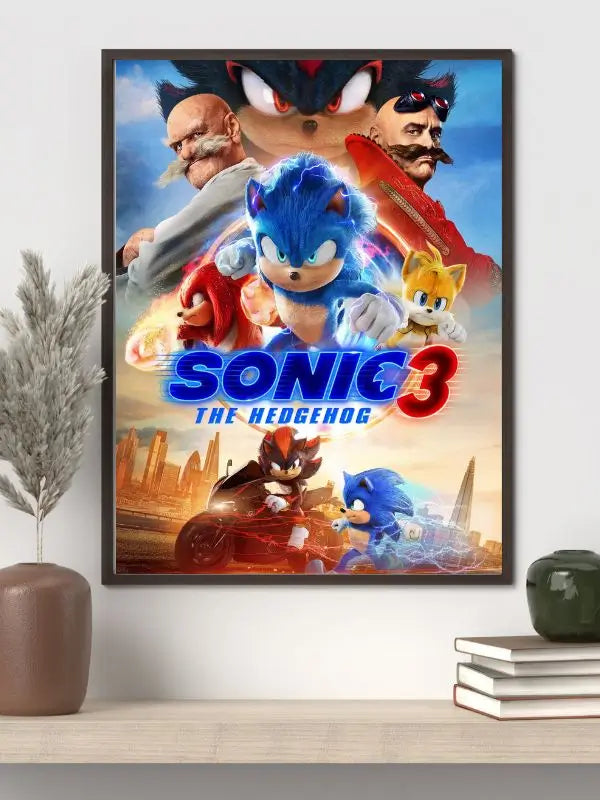 Sonic the Hedgehog 3 2024 movie poster featuring Sonic, Tails, Knuckles, and Shadow in a colorful high-speed action adventure