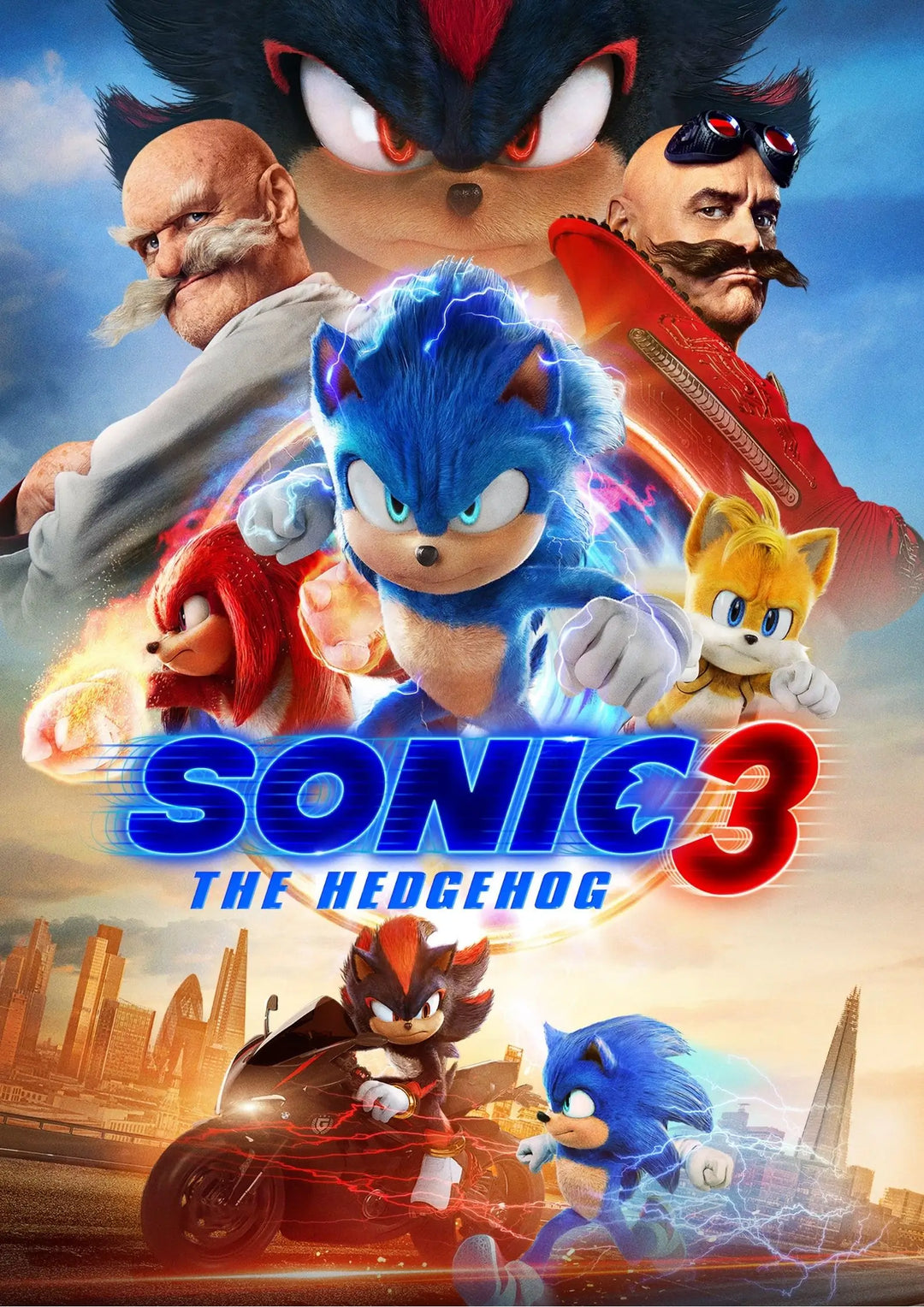 Sonic the Hedgehog 3 2024 movie poster featuring Sonic, Tails, Knuckles, and Shadow in a colorful high-speed action adventure