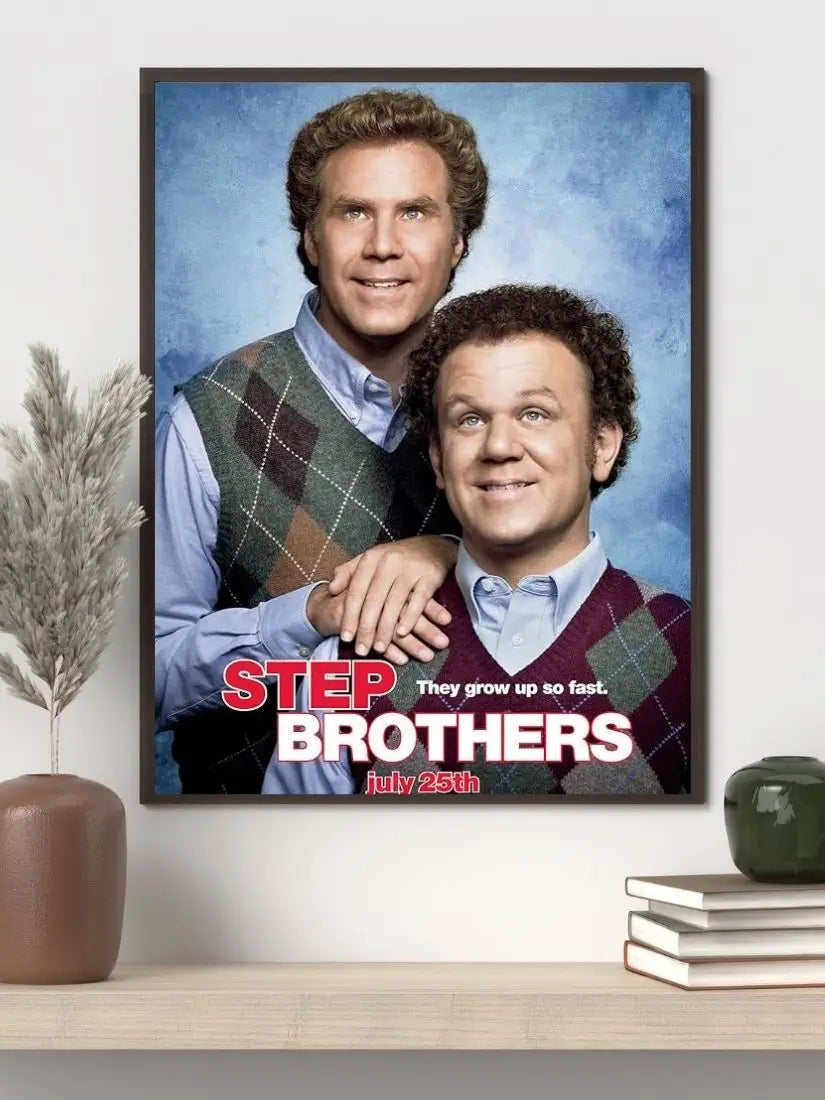 Step Brothers 2008 movie poster featuring Will Ferrell and John C. Reilly posed awkwardly in sweater vests as Brennan and Dale, smiling in a cheesy family-portrait style.