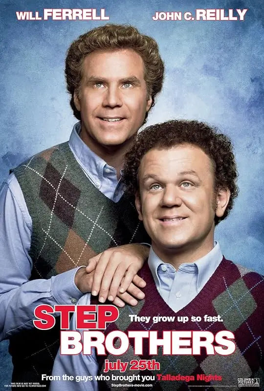 Step Brothers 2008 movie poster featuring Will Ferrell and John C. Reilly posed awkwardly in sweater vests as Brennan and Dale, smiling in a cheesy family-portrait style.