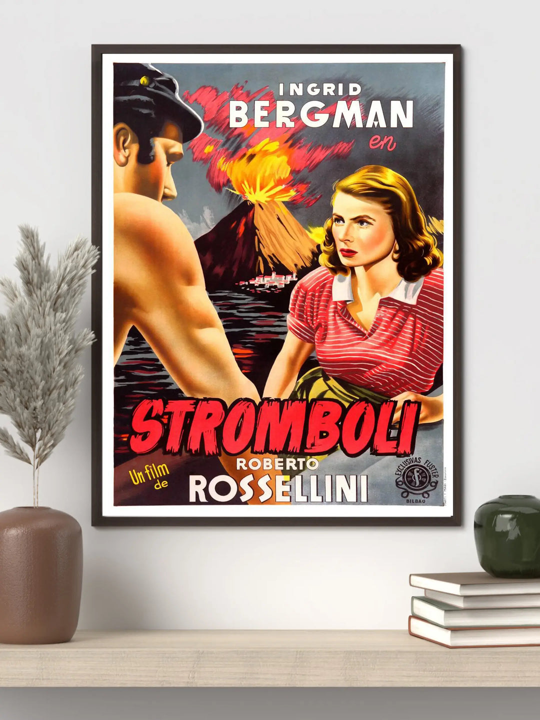 Stromboli 1950 movie poster featuring Ingrid Bergman as Karin standing against the stark cliffs and smoking volcano of the island, symbolizing isolation and inner turmoil.