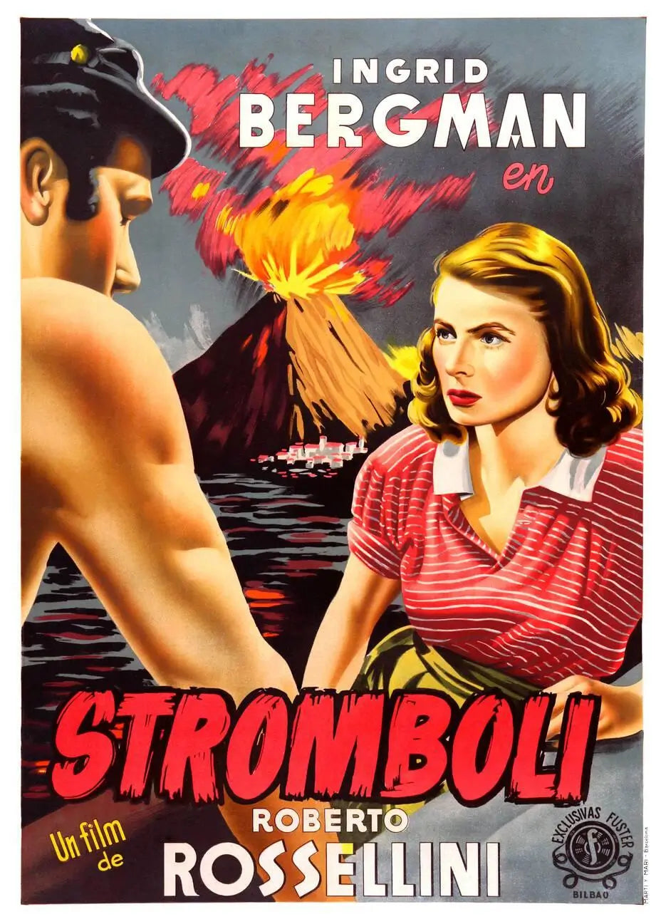 Stromboli 1950 movie poster featuring Ingrid Bergman as Karin standing against the stark cliffs and smoking volcano of the island, symbolizing isolation and inner turmoil.