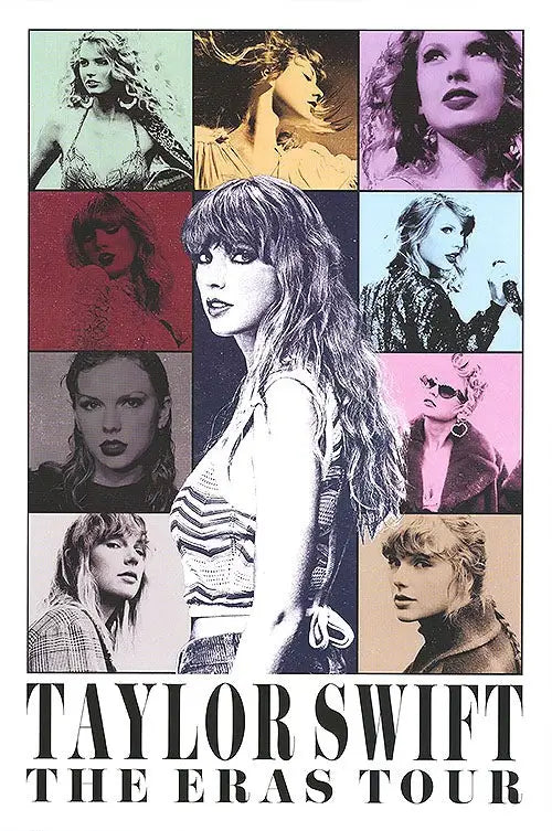 Taylor Swift: The Eras Tour 2023 movie poster featuring Taylor Swift performing live at SoFi Stadium across multiple eras of her career, with vibrant concert staging and crowd.