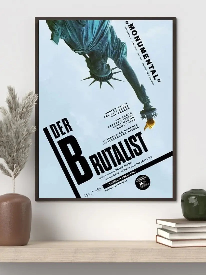 The Brutalist 2024 movie poster showing Adrien Brody as architect László Tóth framed against stark concrete structures and post‑war American industrial landscapes, evoking ambition, trauma, and modernist design.​​