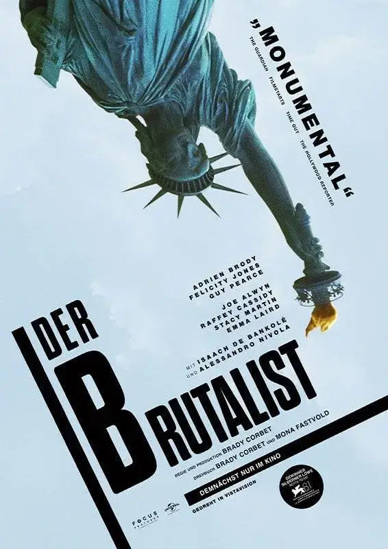 The Brutalist 2024 movie poster showing Adrien Brody as architect László Tóth framed against stark concrete structures and post‑war American industrial landscapes, evoking ambition, trauma, and modernist design.​​